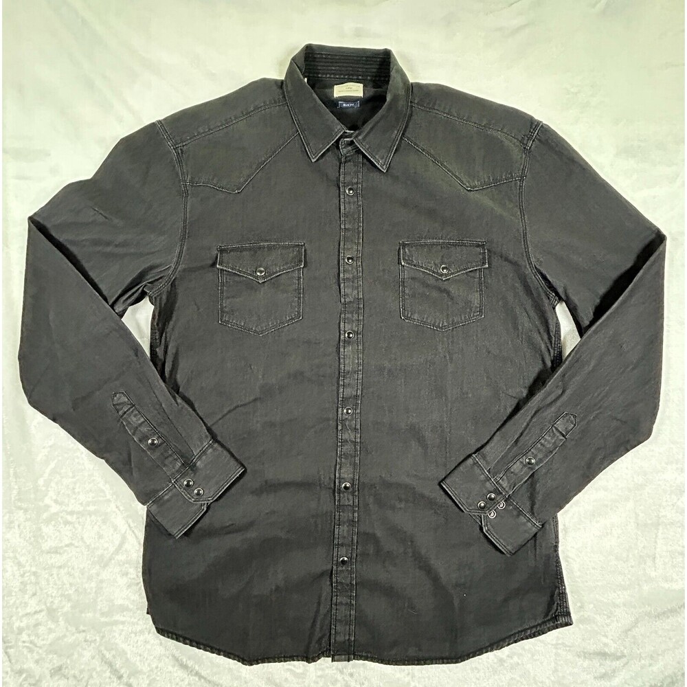 Selected Homme Indigo Western Pearl Snap Shirt Men's XL 44 Faded Black Denim